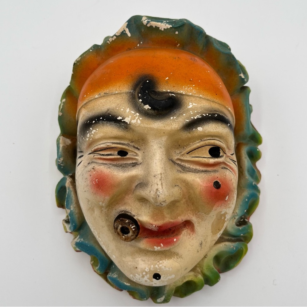 Vintage Chalkware String Holder Cigar Smoking Pierrot Creepy Macabre Clown Face